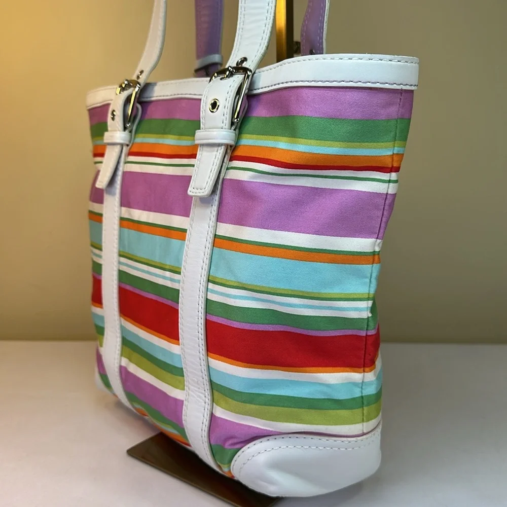 Coach Y2K Hampton Multi color striped fabric and leather tote 2007 - Picture 8 of 15